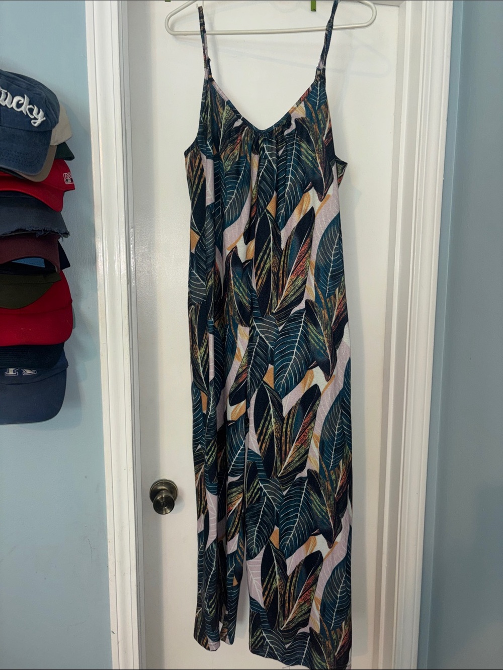 Tropical Leaf Print Spaghetti Strap Romper - leaf print with pockets